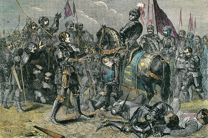Henry receives Richard III’s crown from his stepfather following the 1485 battle of Bosworth, in a 19th-century engraving. Funds for Henry’s military campaign were raised by Margaret (Image by Topfoto) An engraving showing a battlefield, with one man on a black horse, being handed a crown by a man in armour on the left