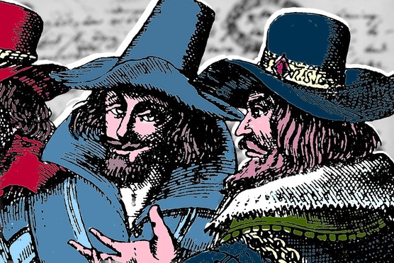 This 1605 print depicts Guy Fawkes and his fellow conspirators in the Gunpowder Plot, a failed Catholic scheme to blow up the Houses of Parliament during the state opening by King James I.