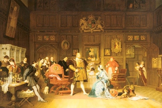 Henry VIII and Anne Boleyn, observed by Queen Catherine (of Aragon), who is stood in the doorway. Anne has been playing the lute for the king, watched by a gathering of courtiers. Cardinal Wolsey, right of centre, looks on. Painting by Marcus Stone, 1870. Private collection. (Photo by Universal History Archive/Getty Images) Henry VIII and Anne Boleyn, observed by Queen Catherine (of Aragon), who is stood in the doorway. Anne has been playing the lute for the king, watched by a gathering of courtiers. Cardinal Wolsey, right of centre, looks on. Painting by Marcus Stone, 1870. Private collection. (Photo by Universal History Archive/Getty Images)