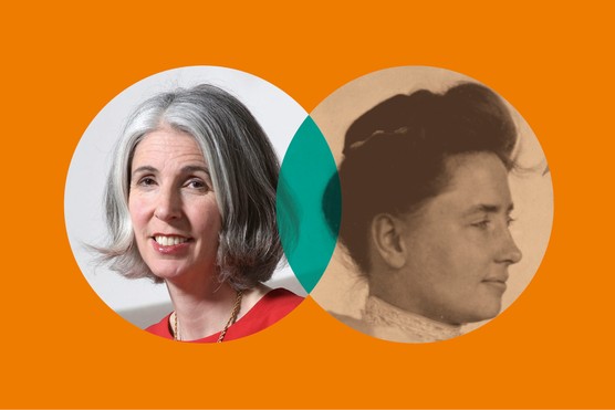 Two pictures of women, one modern day one looking at the camera, the other Victorian facing towards the right sit in circular frames against an orange background