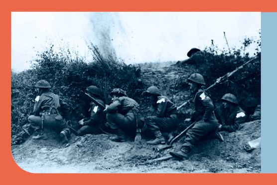 Allied troops hide from enemy shelling during the battle of Caen. The town was finally captured after several weeks of intensive fighting. The white markings on their shoulders were later added to the photograph by a censor to hide the name of the battalion. (Photo by Hulton-Deutsch/Hulton-Deutsch Collection/Corbis via Getty Images) Allied troops hide from enemy shelling during the battle of Caen. The town was finally captured after several weeks of intensive fighting. The white markings on their shoulders were later added to the photograph by a censor to hide the name of the battalion. (Photo by Hulton-Deutsch/Hulton-Deutsch Collection/Corbis via Getty Images)