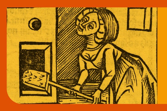 Woodcut of a woman who may be stoking a furnace or baking bread, printed in the 15th century. (SSPL/Getty Images)