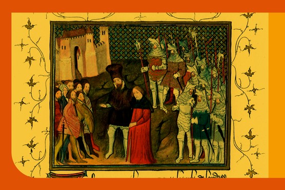 Richard II, led captive by Henry Bolingbroke (later Henry IV), renounces the throne in Jean Creton's 'Histoire du Roy d'Angleterre Richard II' (1401-05). (Photo by The Print Collector/Print Collector/Getty Images)