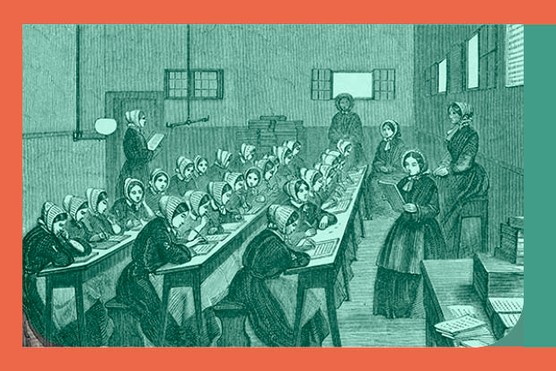 The school for girls imprisoned at Tothill Fields in the late 1850s. A dedicated schoolmistress was employed to teach that institution’s large female population; in other prisons, the matron took lessons. (Engraving from Chronicle, via Alamy)