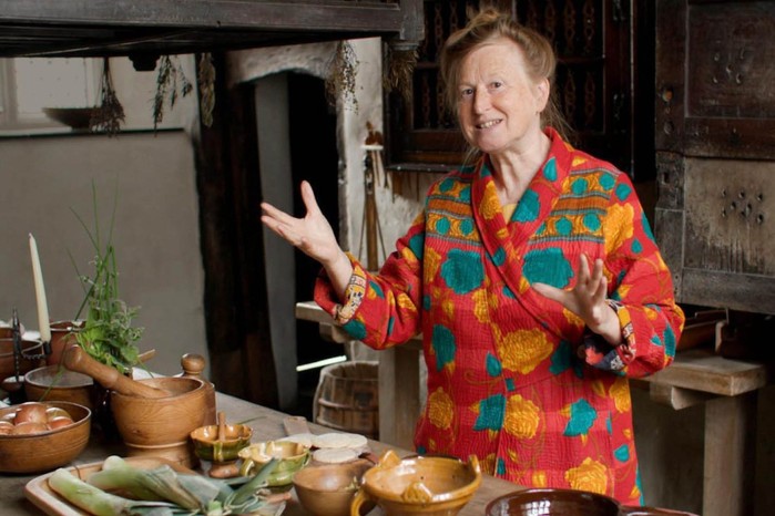 HEXA Social Ruth G Tudors for web page Historian Ruth Goodman speaking in the kitchen of Plas Mawr, a Tudor-era townhouse.
