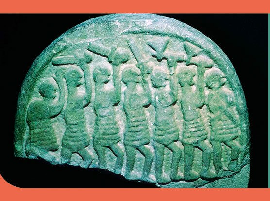 Image of the Lindisfarne Stone from Holy Island, Northumbria. It shows seven warriors, possibly vikings. The Vikings’ first recorded raid on Lindisfarne took place in AD 793. (Photo by CM Dixon/Print Collector/Getty Images)