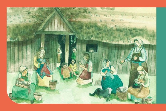 Viking women gathered outside a home - illustration
