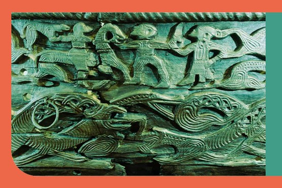 A detail of the decorative carving on the side of the Oseberg cart c850 AD. A woman with streaming hair apparently restrains a man’s sword arm as he strikes at a horseman accompanied by a dog. Below is a frieze of intertwined serpentine beasts. (Photo by Werner Forman/Universal Images Group/Getty Images)