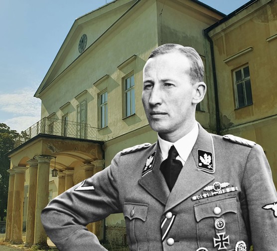 A collage of a man in Nazi uniform in front of a large building