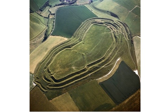 An aerial image of Maiden Castle, site of Britain's largest hillfort. (Photo by Robert Harding/Getty Images)