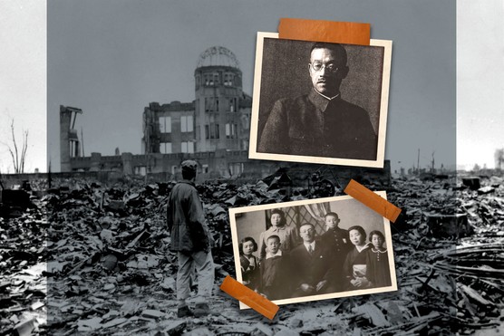 A montage of images showing a man standing in the ruins of Hiroshima; a man dressed smartly wearing circular glasses; and a Japanese family with two parents sitting down with five children around them