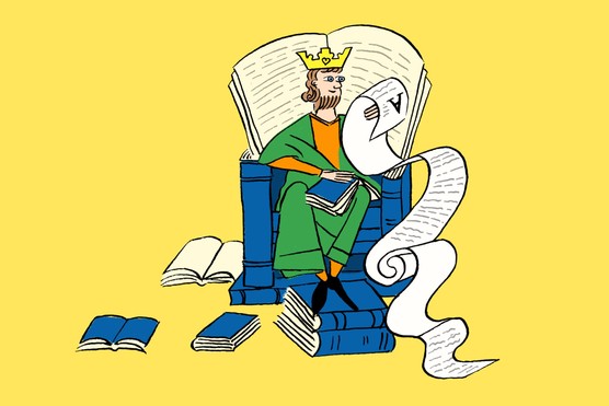 An illustration showing a king dressed in green and orange, sitting on a blue throne made out of books. He is reading from a long scroll