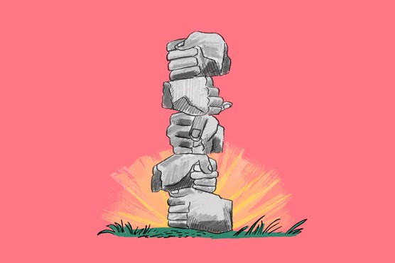 An illustration depicting five stone hands piled on top of one another, on a small patch of grass, against a pink background