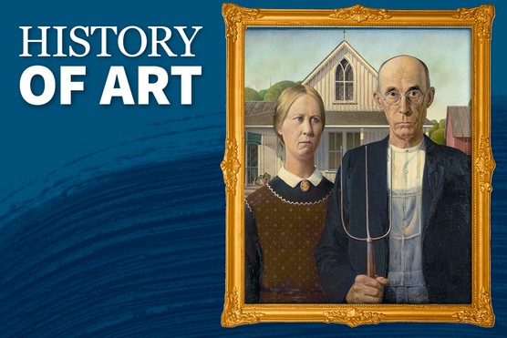 A painting showing a man and woman side by side with somber expressions. The man holds a pitchfork.