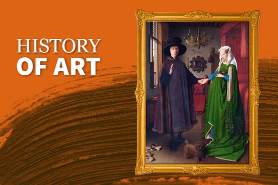 The Arnolfini portrait painting – oil on wood – appears to depict a wealthy couple holding hands in a domestic setting, the bed perhaps indicating that they are in a bedchamber