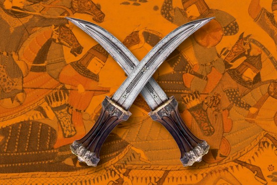 A pair of swords in a cross shape, on top of an orange background that features warriors fighting on horses