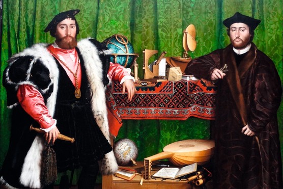 Hans Holbein’s famous double portrait, The Ambassadors, hinting at the political, religious and social upheavals sweeping much of Europe in the 16th century (Image by Getty Images) Two men dressed in Tudor clothes stand next to one another against a green curtain backdrop. Between them are several items, including a globe, a hymnbook and a lute