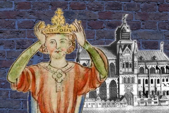 A drawing of a king holding a crown on his head, against a black and white image of a church