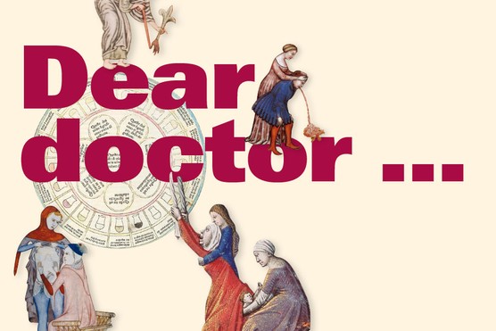 A selection of illustrations of medical procedures, including childbirth and someone vomiting, around a circular chart that depicts flasks of different coloured urine