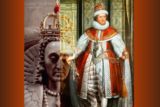A collaged picture shows a marble statue of Elizabeth I wearing a large crown on the left, and a portrait of King James I, dressed in a red and white robe and crown on the right
