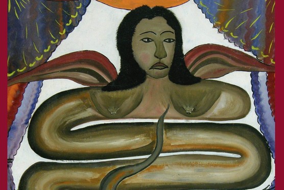 A painting of a man with a snake like body, all piled on top of each other, with a sad face and long black hair, plus red wings