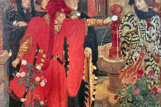 A 20th-century fresco 'Plucking the Red and White Roses in the Old Temple Gardens' by Henry Payne. It depicts a scene by Shakespeare, showing Edmund Beaufort, 2nd Duke of Somerset being challenged by Richard, 3rd Duke of York to choose between the white rose of York and the red rose of Lancaster. (Photo by Artefact / Alamy Stock Photo)