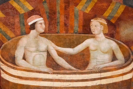 Frescos by Memmo di Filippuccio in Camera del Podesta (Podesta apartments ) in Palazzo Comunale in Historic Centre of San Gimignano listed World Herit