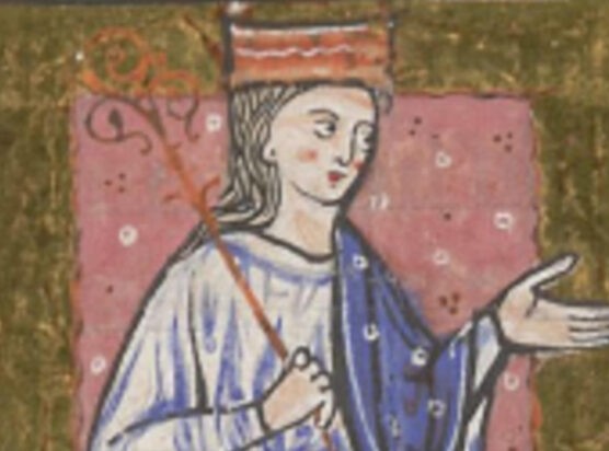 Aethelflaed, Lady of the Mercians, illustrated sitting on a throne