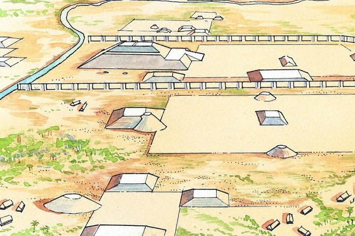 This illustrated reconstruction of Cahokia shows the Native American city when more than a hundred earthen mounds rose around broad ceremonial plazas. At the centre stood Monks Mound — a massive, terraced platform supporting temples and elite residences — surrounded by neighbourhoods of wooden houses, palisades, and bustling marketplaces.