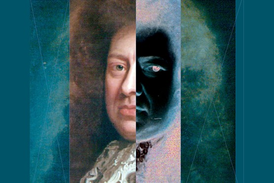 An edited image of a man with long curly hair and a lacy ruff. The right hand side of his face is colour inverted so it appears black with a red eye