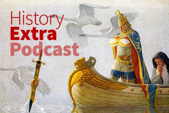 King Arthur and a hand holding the sword Excalibur.