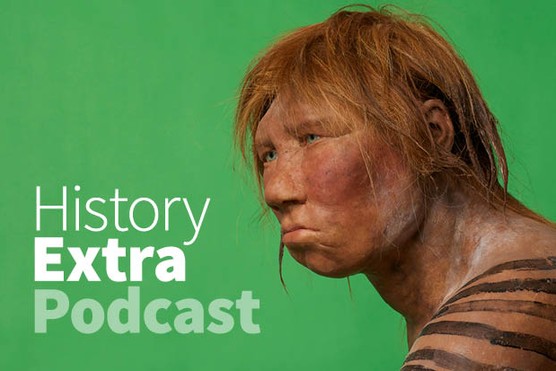 Head and shoulders of a sculpted model of a female Neanderthal