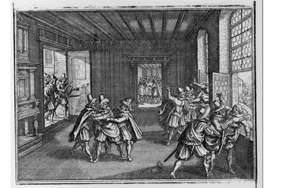 The 1618 Defenestration of Prague, in which four Catholic officials were thrown from a top-floor window of Prague (Hradčany) Castle by Bohemian Protestant activists, starting the Thirty Years' War. (Photo by Library of Congress/Corbis/VCG via Getty Images) The 1618 Defenestration of Prague