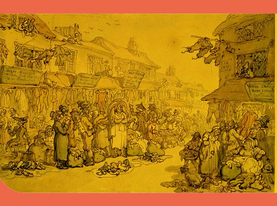 An ink drawing of a London 'rag fair' where old clothes and textiles were traded, c1800. (Image by Alamy) An ink drawing of a London 'rag fair' where old clothes and textiles were traded, c1800