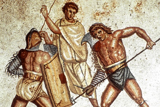 This Roman mosaic depicts gladiators locked in combat. Created to celebrate the spectacle of the arena, it offers a glimpse into one of the most popular, and most brutal, entertainments of the Roman world.