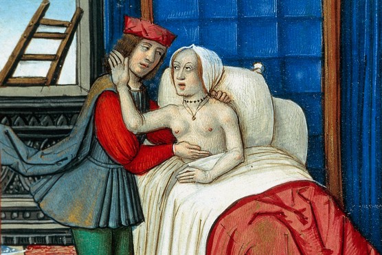 A painting shows a topless woman sitting up in bed, holding her hand against the face of the man leaning over her