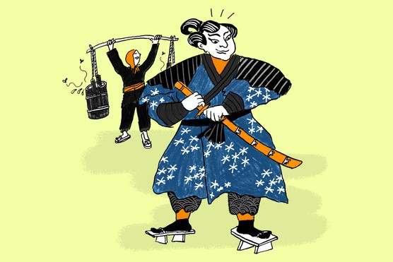 An illustration showing a samurai soldier dressed in a black and blue robe. Behind him is a person holding up a bar with two buckets of poo hanging from it.