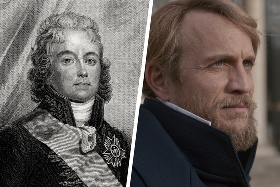 Composite image of the historical Talleyrand and his portrayal in Apple TV+ drama Carême