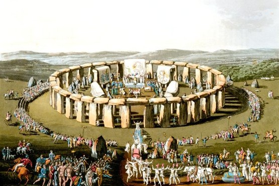 Illustration of Neolithic druids performing a ceremony at the Stonehenge stone circle.