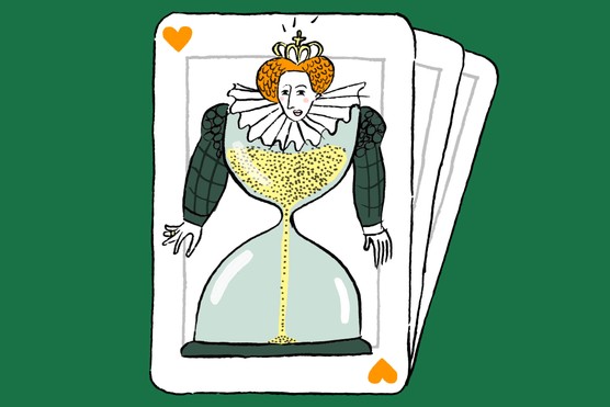 An illustration showing Queen Elizabeth I. Her body has been replaced with an egg timer and her facial expression is looking worried.