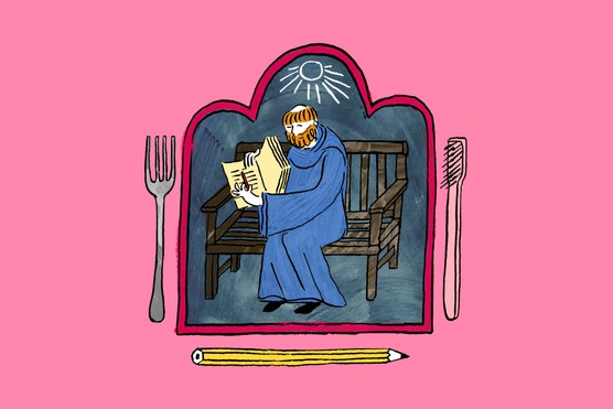 A monk with ginger hair and beard, dressed in blue, sits on.a bench with a book. He is against a pink background and around him are a fork, a yellow pencil and a brush