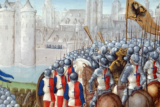 This late 15th-century illustration shows crusader forces besieging Damascus during the ill-fated Second Crusade in 1148. The armies of King Baldwin III of Jerusalem, Emperor Conrad III of Germany, and King Louis VII of France converge on the city, only for the campaign to collapse in defeat. Likely produced in Bruges for a chronicle of the Crusades, the image reflects how later medieval artists interpreted one of the crusading movement’s most damaging failures.