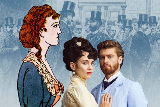 Frances Forsyte (Tuppence Middleton) and Jolyon Forsyte Jr (Danny Griffin) of new drama The Forsytes, against a backdrop of 19th-century stockbrokers in London. (Images by Getty Images/Mammoth Productions/Masterpiece)