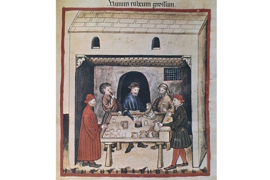 This 14th-century miniature shows men enjoying a glass of red wine. Alcohol features prominently in medieval and Tudor accounts of breakfast. (DeAgostini/Getty Images)