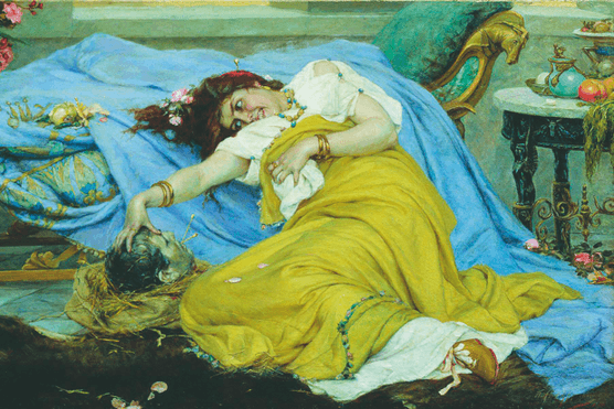 Fulvia gleefully posing with Cicero’s severed head, in an 1898 painting by Pavel Svedomsky. Whether or not she pierced his tongue with hairpins is the subject of debate (Photo by CBW / Alamy Stock Photo)