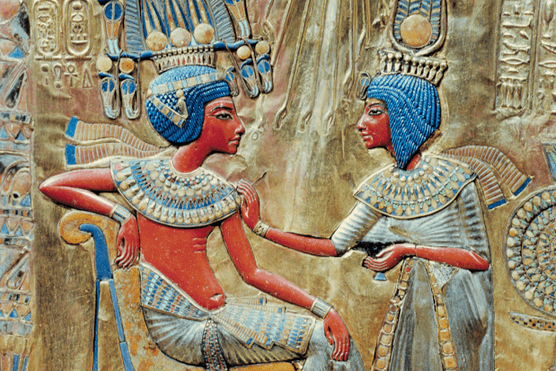 A carving of Tutankhamun and his young wife Ankhesenamun