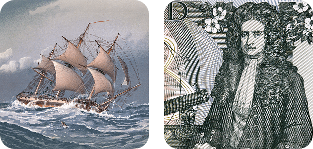 supporting image 2 A 1794 painting of a 28 gun frigate Royal Navy warship and an image of Isaac Newton from old English money