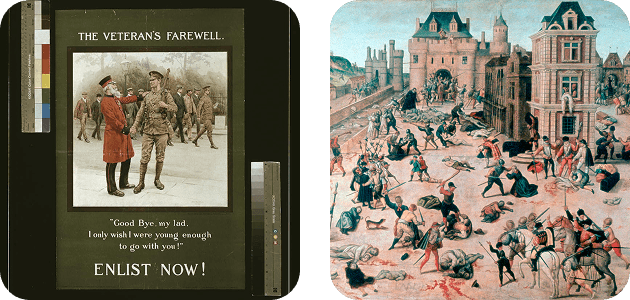 supporting image 1 A poster of 'the veteran's farewell' to encourage men to enlist in the army and a painting of 'St Bartholomews day massacre' by FranCois Dubois