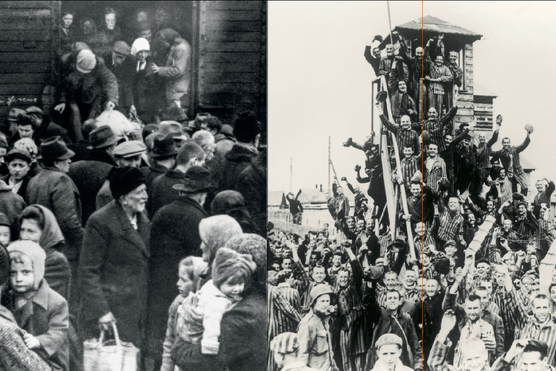 Left: Hungarian Jews arrive at Auschwitz-Birkenau, in German-occupied Poland, in June 1944. Between May and July that year, more than 430,000 Hungarian Jews were deported to the camp complex. Right: Prisoners at Dachau celebrate the liberation of the camp by US soldiers on 29 April 1945. The camp was used again after the war to house SS personnel awaiting trial, and then German refugees. (Photos by Getty Images and Alamy)