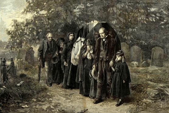 A Victorian family gathers around a graveside